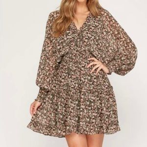 She + Sky brown floral smocked mini dress